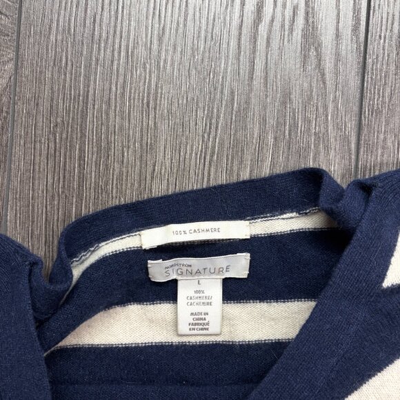 Nordstorm Signature 100% Cashmere Peplum Sweater Nautical Blue stripe Large - Picture 4 of 8
